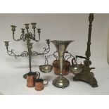 A collection of copper brass and silver plate a two branch eperne kettles a vintage brass lamp. (a