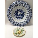 A blue and white delft dish, and a small Cantagalli dish decorated with fruit - NO RESERVE