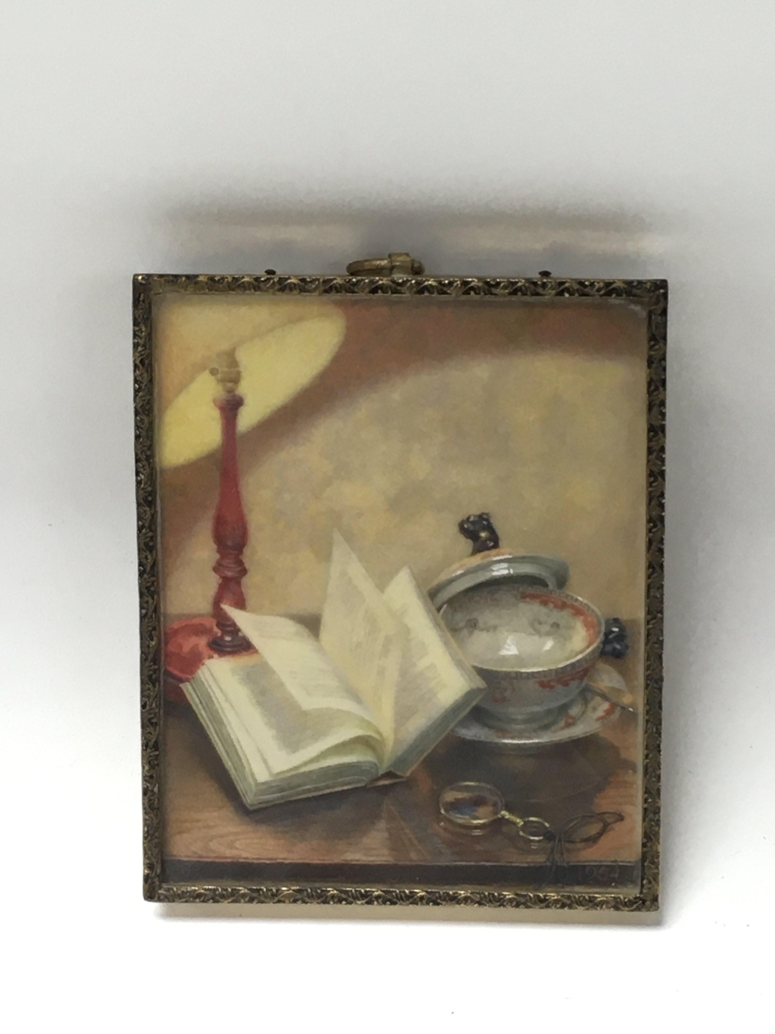 A framed miniature still life attributed to the American artist Marjorie Rodgers (1927)