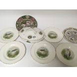 A woods ware freshwater fish decorated tureen with matching plates and two other plates (a lot) - NO