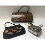 Three vintage bags - two beaded bags and one suede lined mink crocodile bag from Bally with original
