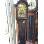 A modern walnut long case clock with a brass dial and silver chapter ring.