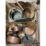 2 boxes of good early copper pans etc.