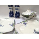 A late pair of Victorian flow blue and white vases and some Crownford dinnerware