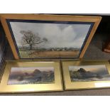 A framed Sydney Vale watercolour and a pair of framed mountainous landscape paintings, one with