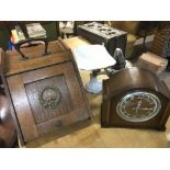 A mantle clock, oak coalbox and a pair of vintage kitchen scales (3).