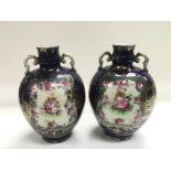 Two Continental vases of ovoid form with handpainted panels of flowers, approx height 19cm.