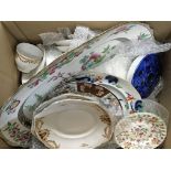 A box of mixed China etc to include a Mintons Haddon Hall part tea set, large hand decorated