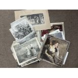 A collection of early magazines and prints including a painting on canvas of a lady unframed.