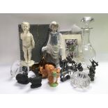 A box of various ceramics and glass including a Lladro figure of a girl, Beswick squirrel, myth