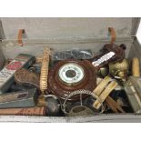 A case containing antique and vintage oddments, a walnut barometer, silver plate, brass books, opera