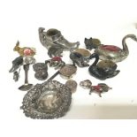 A collection of antique novelty animal and bird pin cushions silver boxes and other oddments (a