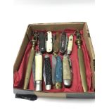 9 various pen knives and two brass paper knives with French World War 1 soldier handles.