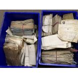 Two boxes containing a large quantity of antique deeds, antique auctioneers papers and other