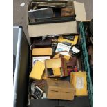 A box of vintage cameras with colour generation lenses and other camera equipment. No reserve.