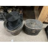 Two antique top hat boxes together with a mole skin covered hat - NO RESERVE