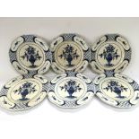 Six blue and white Delft plates decorated with flowers in a vase, approx diameters 22.5cm - NO