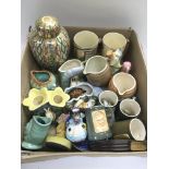 A box containing a small assortment of ceramics including Hornsea jugs, Dickens character mugs etc.