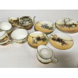 A Royal Doulton tea porcelain set decorated with Coaching scenes and a tea pot (no lid) no obvious