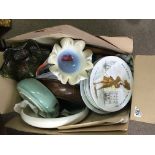 A box containing collectors plates a Clarice Cliff bowl art glass and other oddments. (a lot) - NO