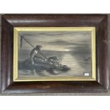 A charcole drawing of a Man and his dog adrift on a raft. 56 x 41cm.