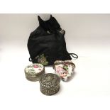 Victorian silk draw string bag and three various pin boxes