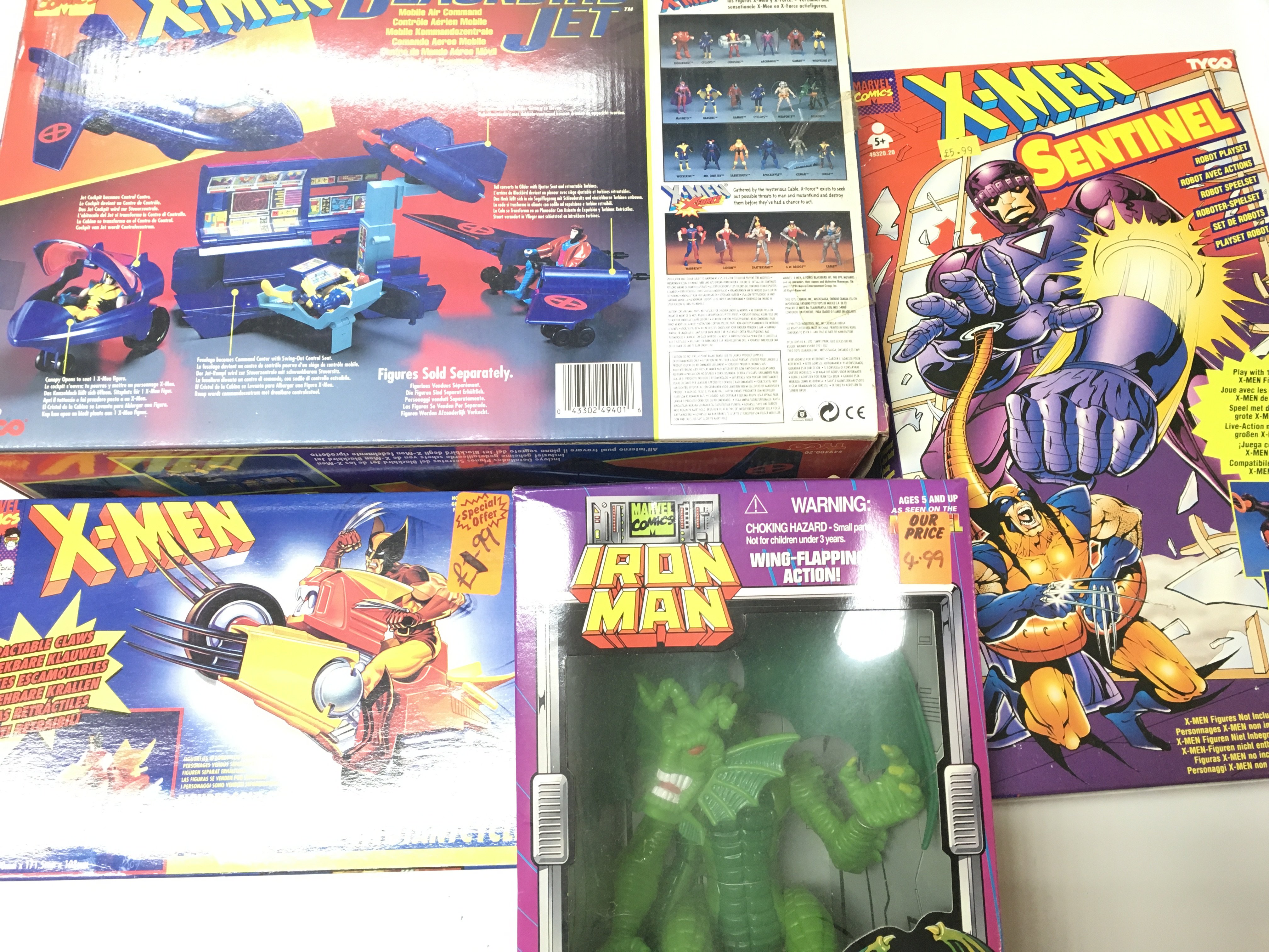 A Box Containing a Collection of X-Men vehicles/Playsets and a Iron Man Fin Fang Foom. All boxed.