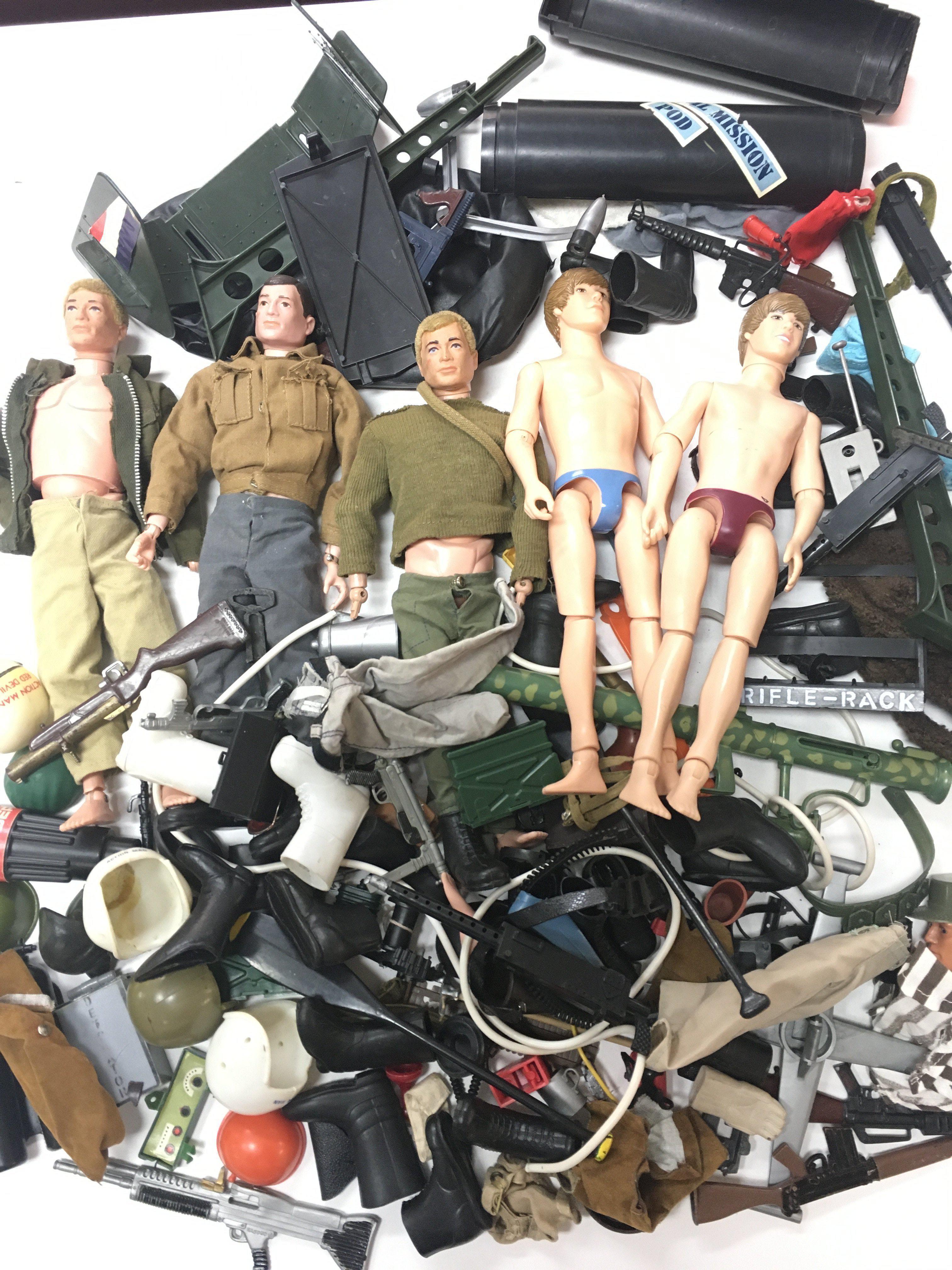 A Box Containing Vintage Action Man. With Accessories and other Dolls. And Vehicles.