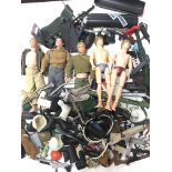 A Box Containing Vintage Action Man. With Accessories and other Dolls. And Vehicles.