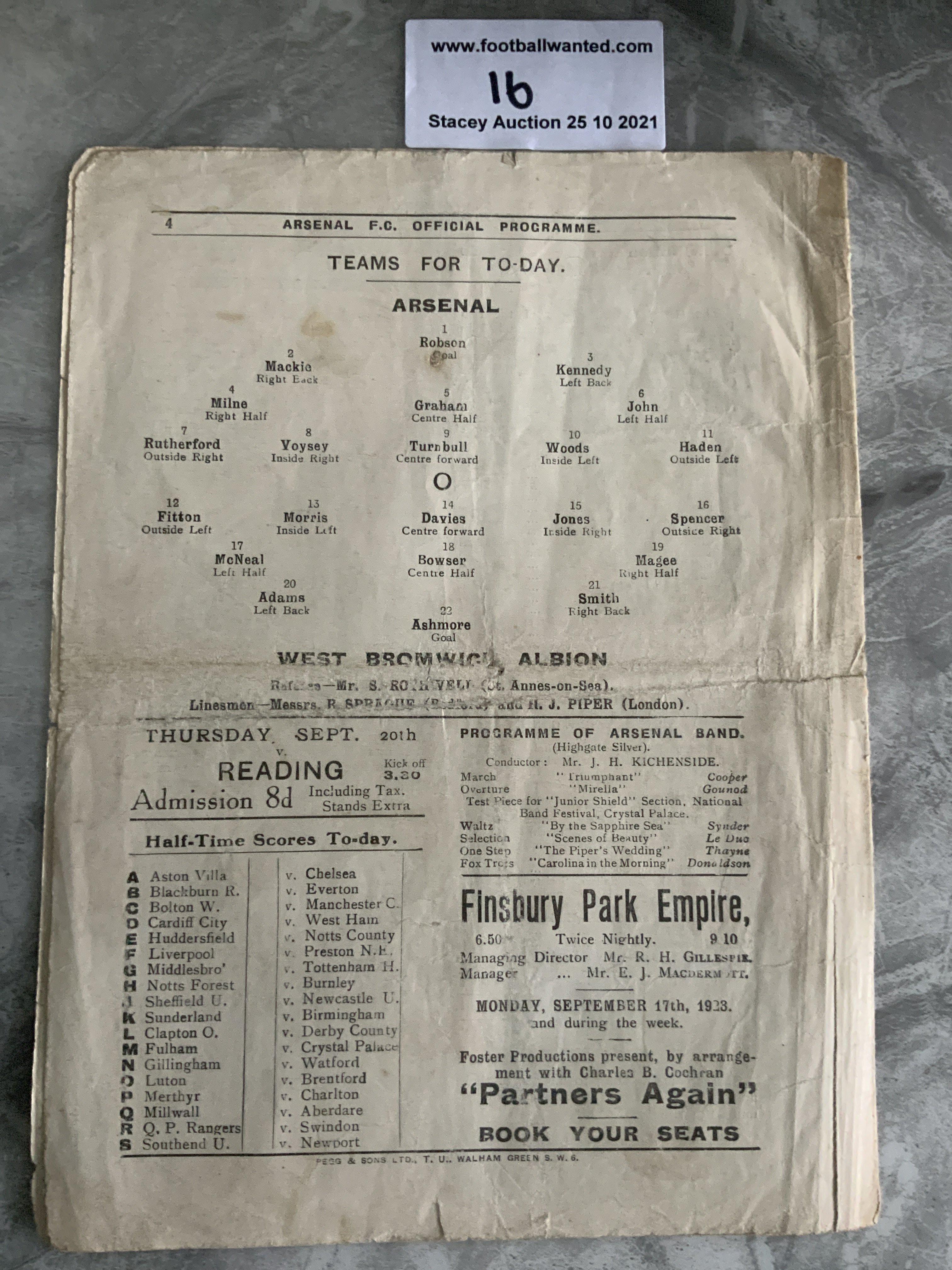 1923/24 Arsenal v West Brom Football Programme: Ex bound 4 page sheet with no writing. Fold, wear - Image 2 of 3