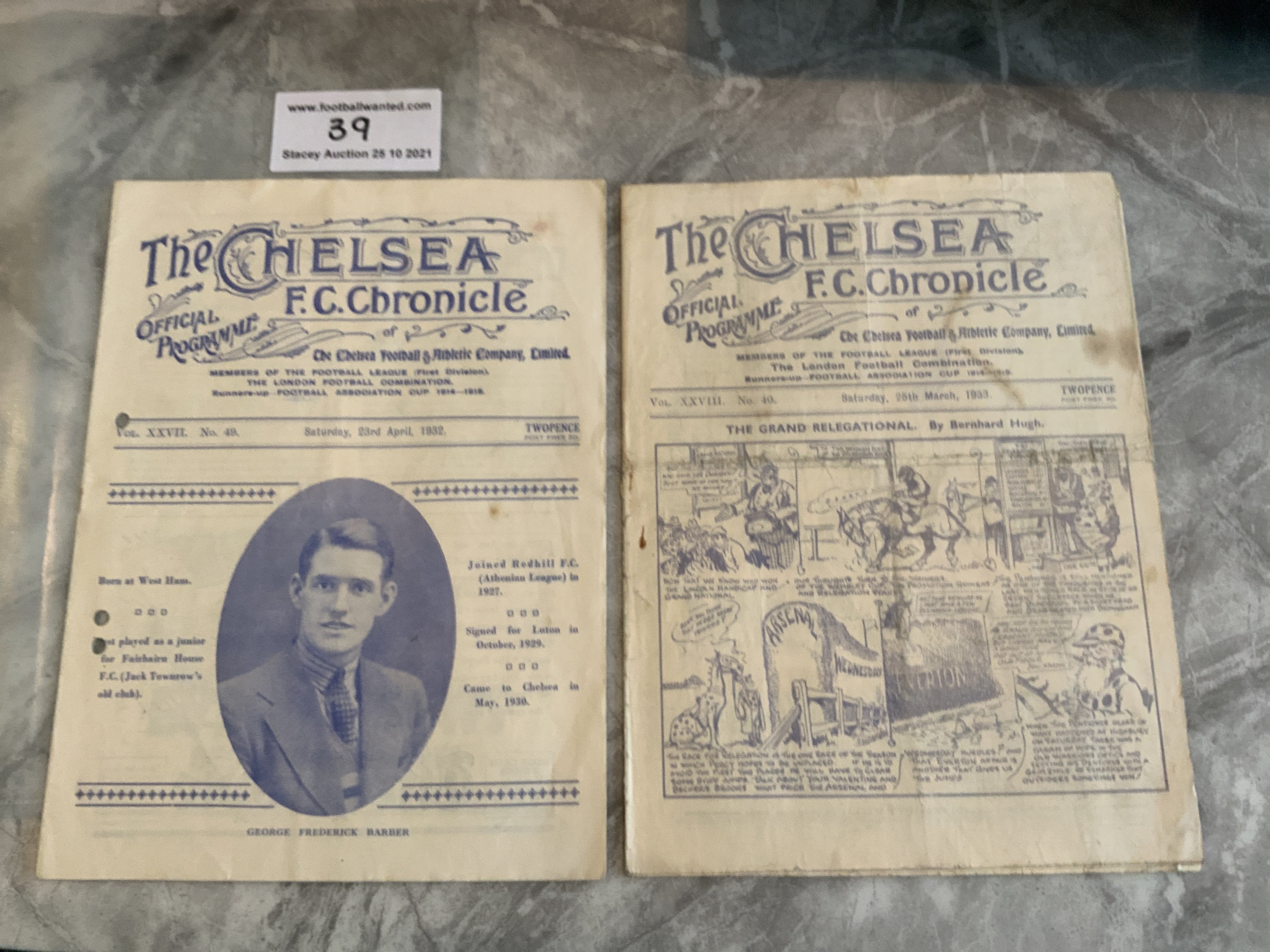 1930s Chelsea v West Brom Football Programmes: 31/32 has punch holes and 32/33 is fair with a couple