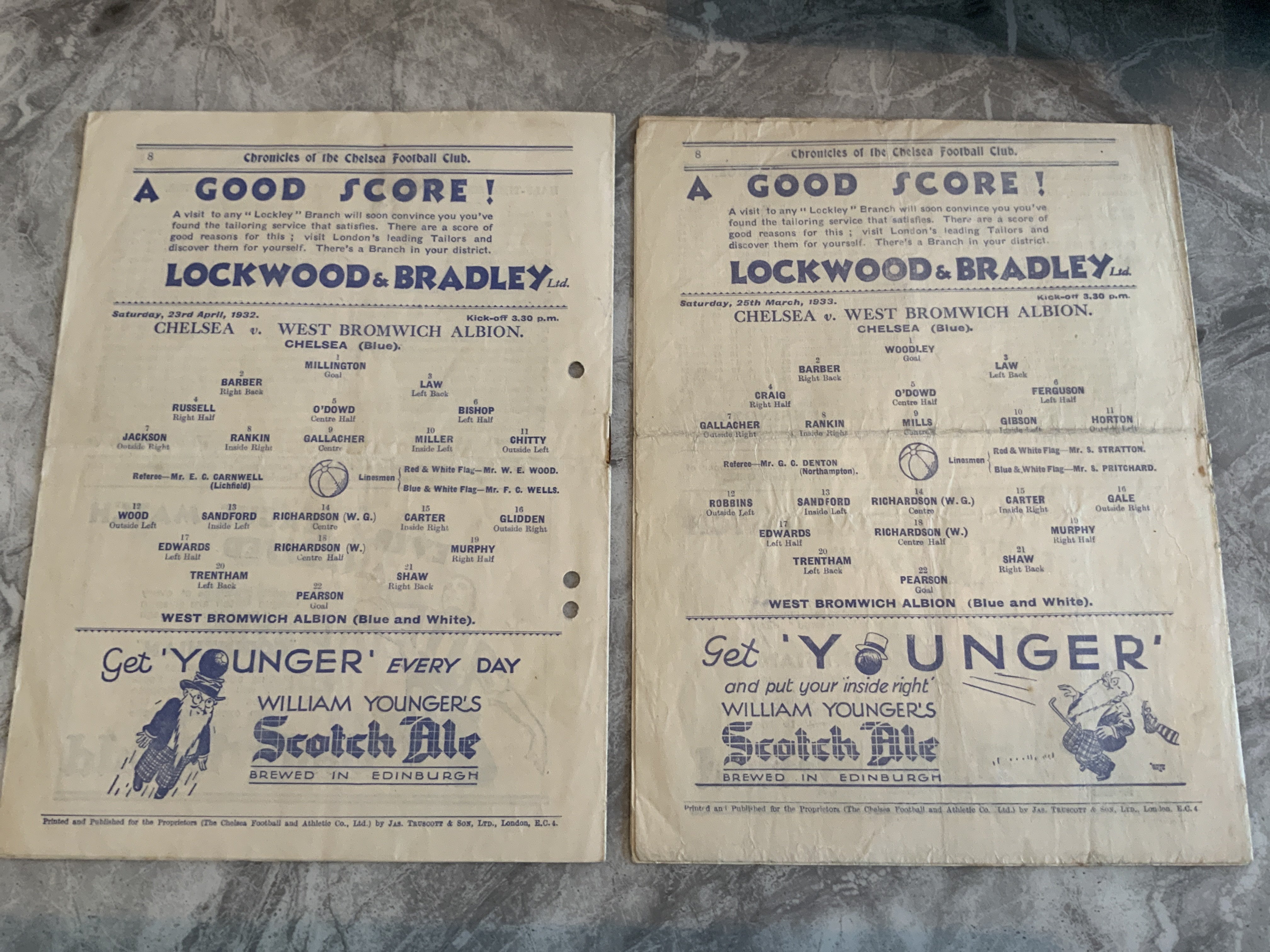 1930s Chelsea v West Brom Football Programmes: 31/32 has punch holes and 32/33 is fair with a couple - Image 2 of 2