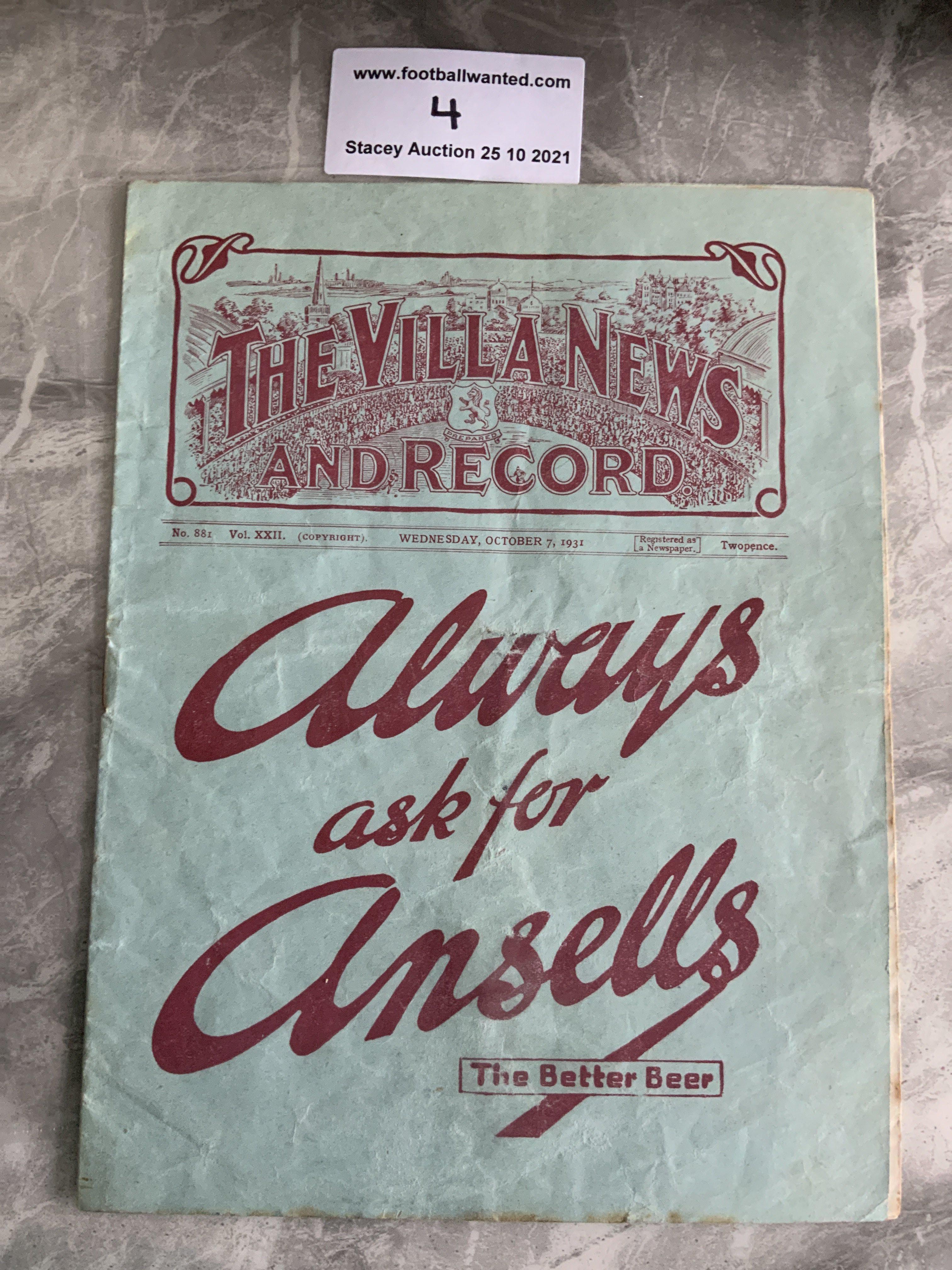 1931 Charity Shield Football Programme: West Brom v Arsenal at Aston Villa. Fair condition with