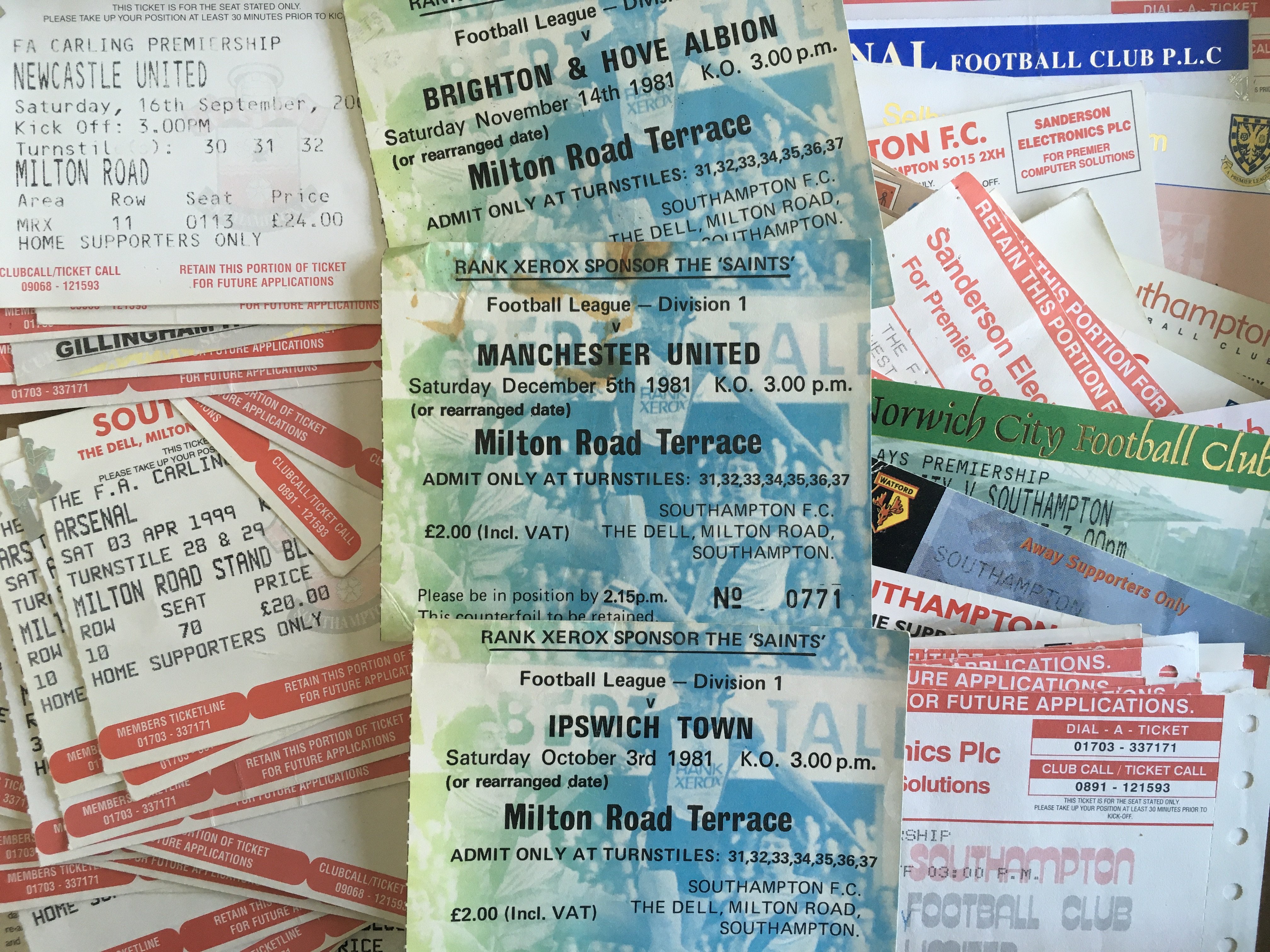 Southampton Football Tickets: Majority 1990s home tickets with some duplication but some aways and