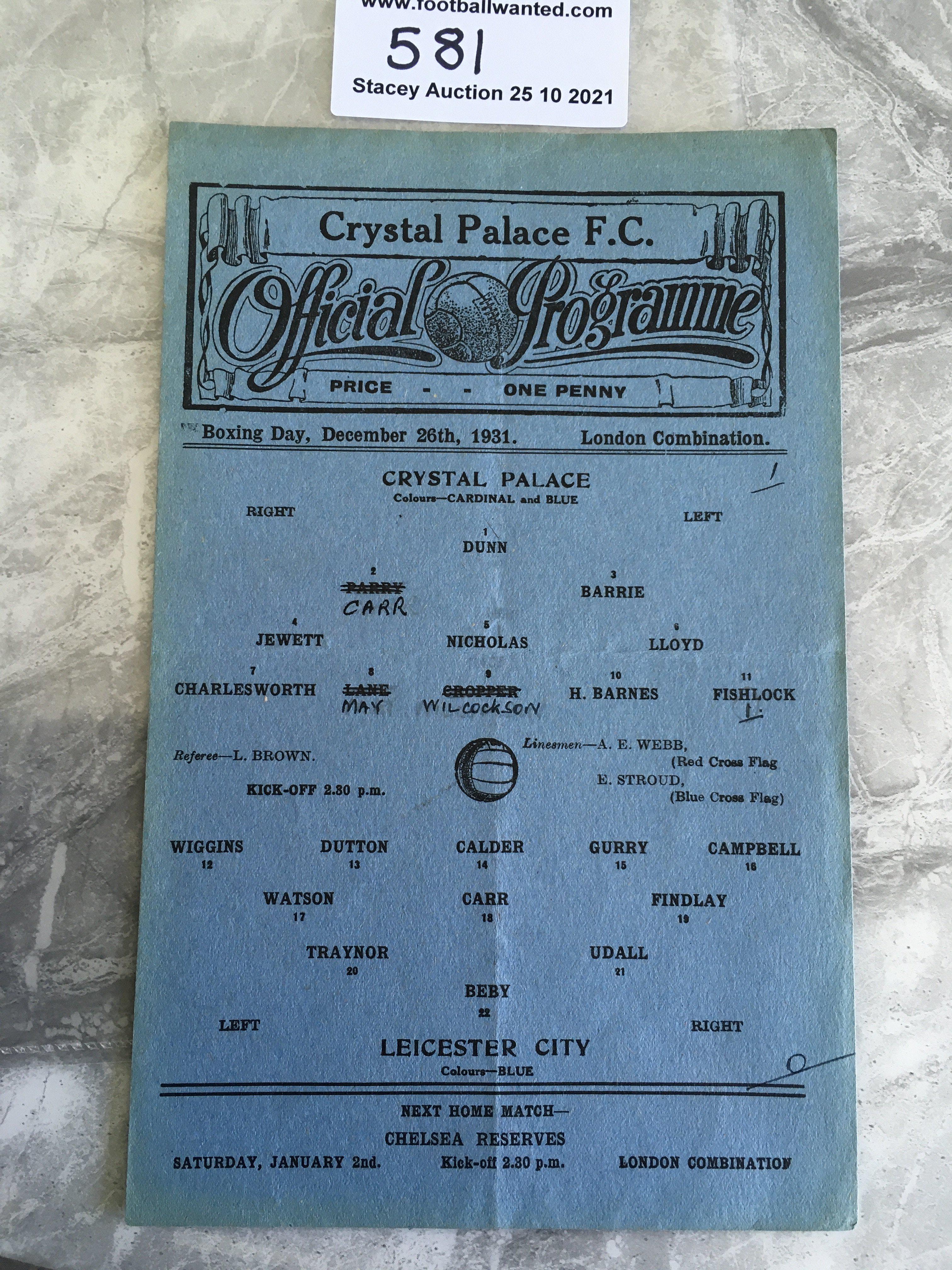 31/32 Crystal Palace v Leicester City Combination Football Programme: Single sheet reserve programme
