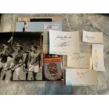 England 1966 World Cup Football Autographs: White cards with Ball J Charlton Hunt Wilson Banks and