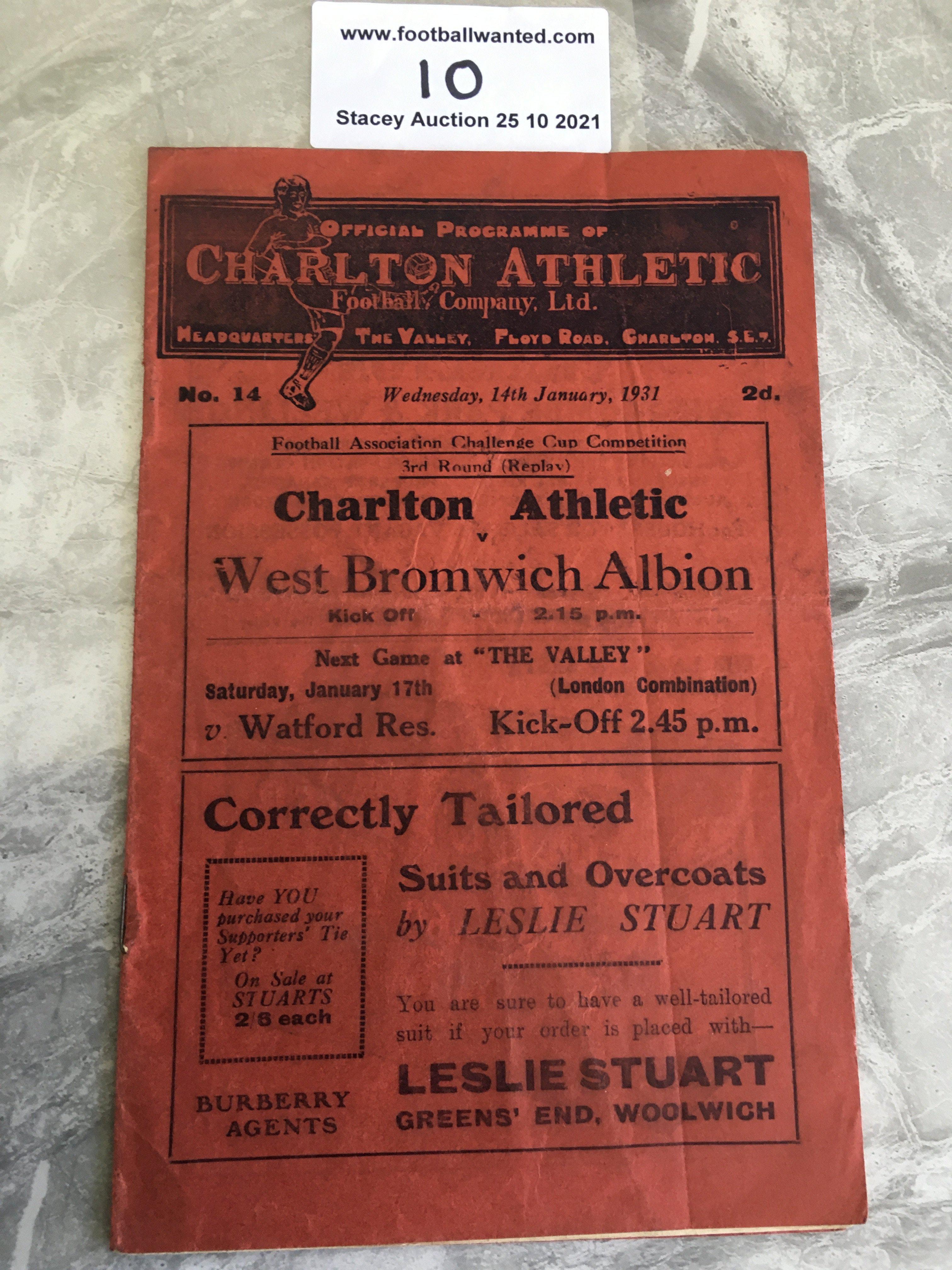 30/31 Charlton v West Brom FA Cup Replay Football Programme: Very good condition with writing to