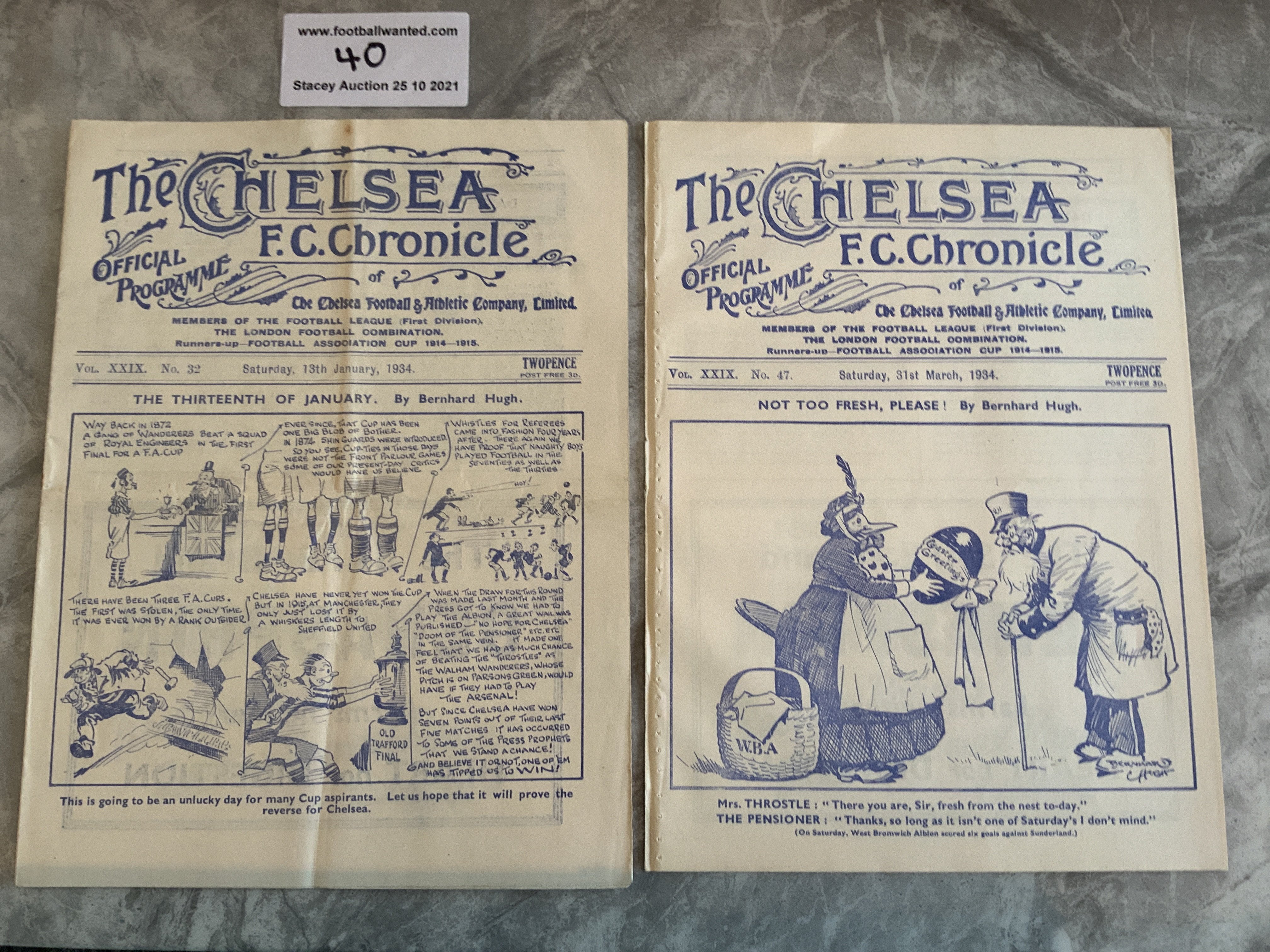 33/34 Chelsea v West Brom Football Programmes: FA Cup match has a team change and score noted.