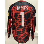 David James England 2004 Match Issued Euros Football Shirt: Long sleeve black with red trim shirt to