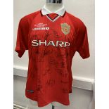 Manchester United 1999 Treble Winners Signed Football Shirt: Umbro XL size red home shirt