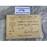 1925/1926 Aston Villa v Arsenal FA Cup Football Ticket: Full unused ticket with counterfoil dated 20