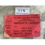 1935 FA Cup Semi Final Football Ticket: Sheffield Wednesday v Burnley played at Villa Park on 16 3