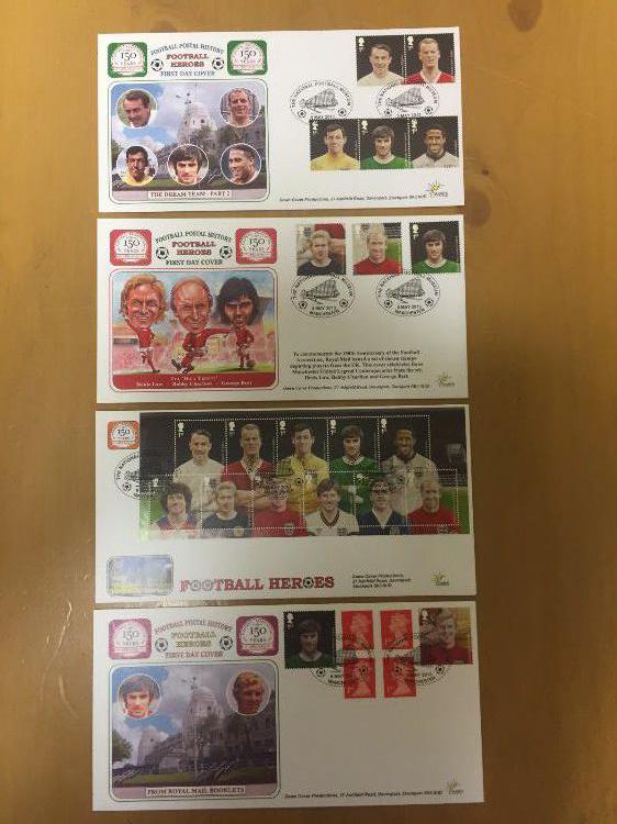 George Best + Bobby Moore First Day Covers: Dawn Covers Football Heroes stamps. All feature George