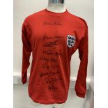 England 1966 World Cup Signed Football Shirt: Large red long sleeve with 3 Lions badging. Signed