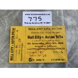 1925/1926 Hull City v Aston Villa FA Cup Football Ticket: Full unused ticket with counterfoil