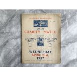36/37 Southend United v West Ham Charity Match Football Programme: Large card cover 12 page