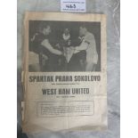 64/65 Sparta Prague v West Ham Football Programme: Official newspaper style 4 page programme a