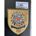 1966 World Cup Football Plaque: Small original wooden plaque with names and flags of all 16