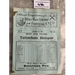 35/36 West Ham v Tottenham Football Programme: League match dated 9 11 1935. Two tape marks on spine