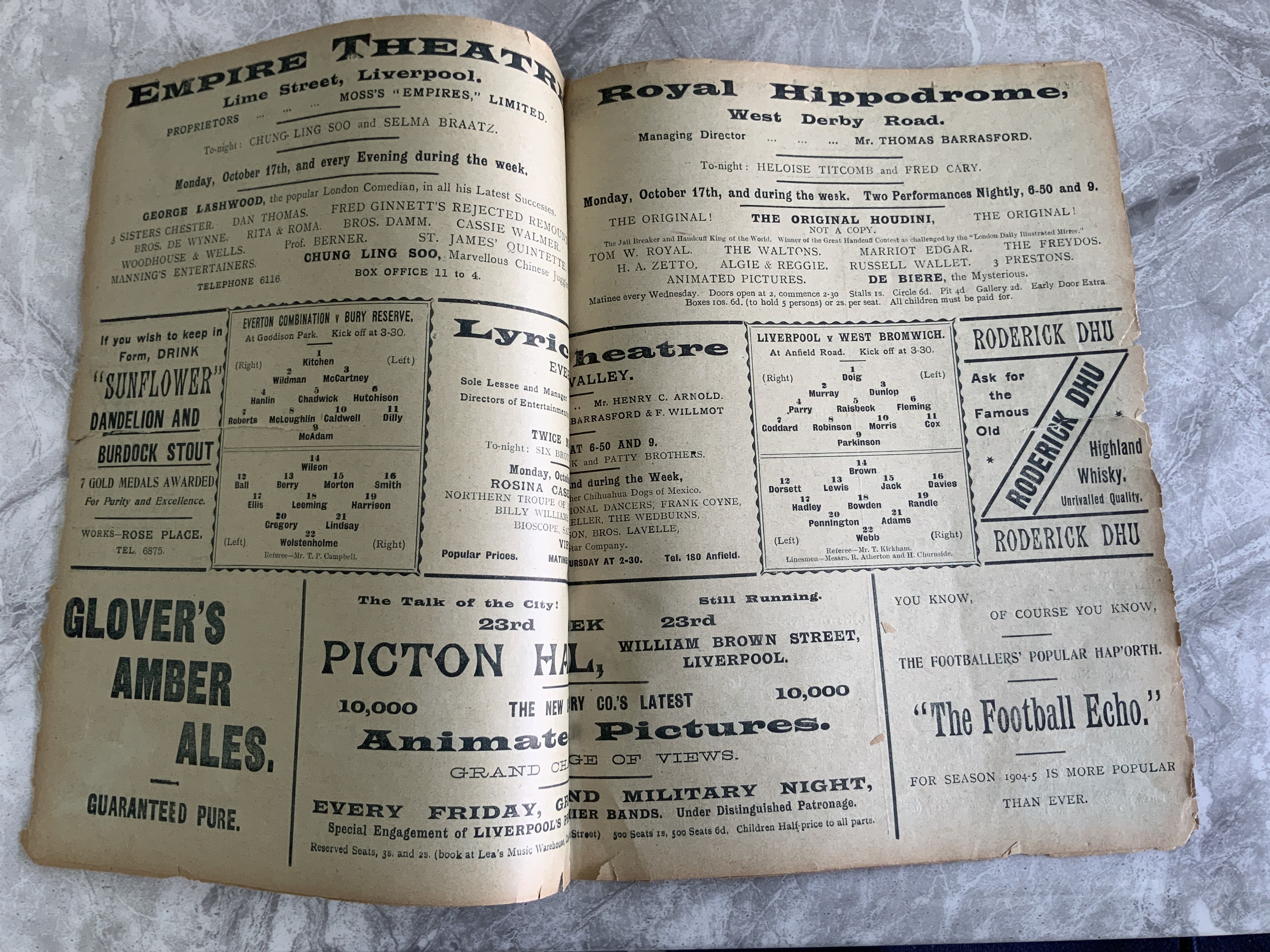 1904/1905 Liverpool v West Brom Football Programme: Ex bound in poor/fair condition with no team - Image 2 of 2